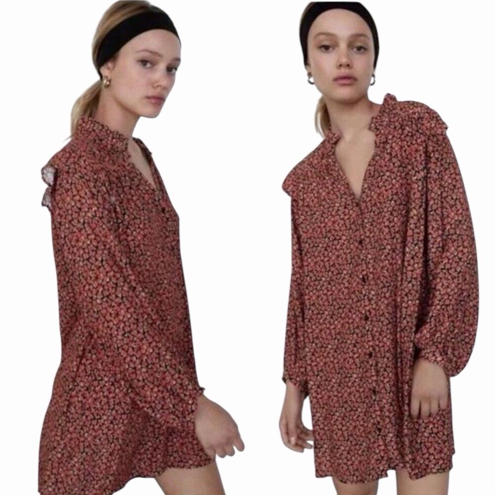 Zara Women's Floral Mini Dress L Black Pink Long Sleeve Ruffle Neck 100% Viscose